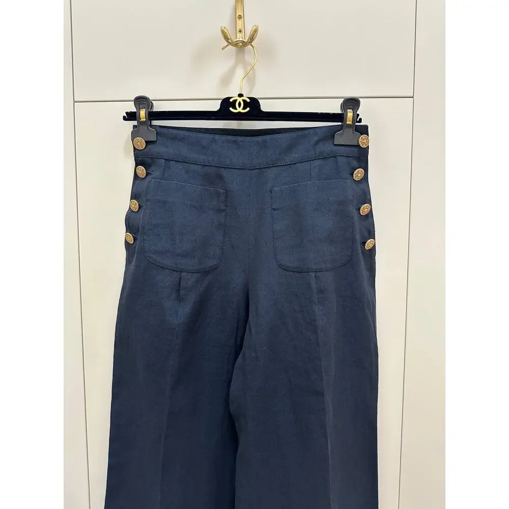 CHANEL Vintage Navy Linen Wide Leg Pants FR 38